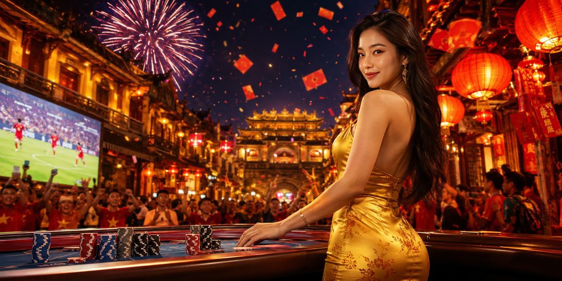 Phong bì đỏ và đèn lồng Huế rực rỡ biểu tượng cho chương trình khuyến mãi đặc biệt